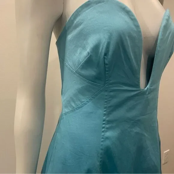 NWT CULT GAIA Chiara Sleeveless Blue Cotton-Blend Plunge Bubble Skirt Midi Dress - Picture 9 of 15